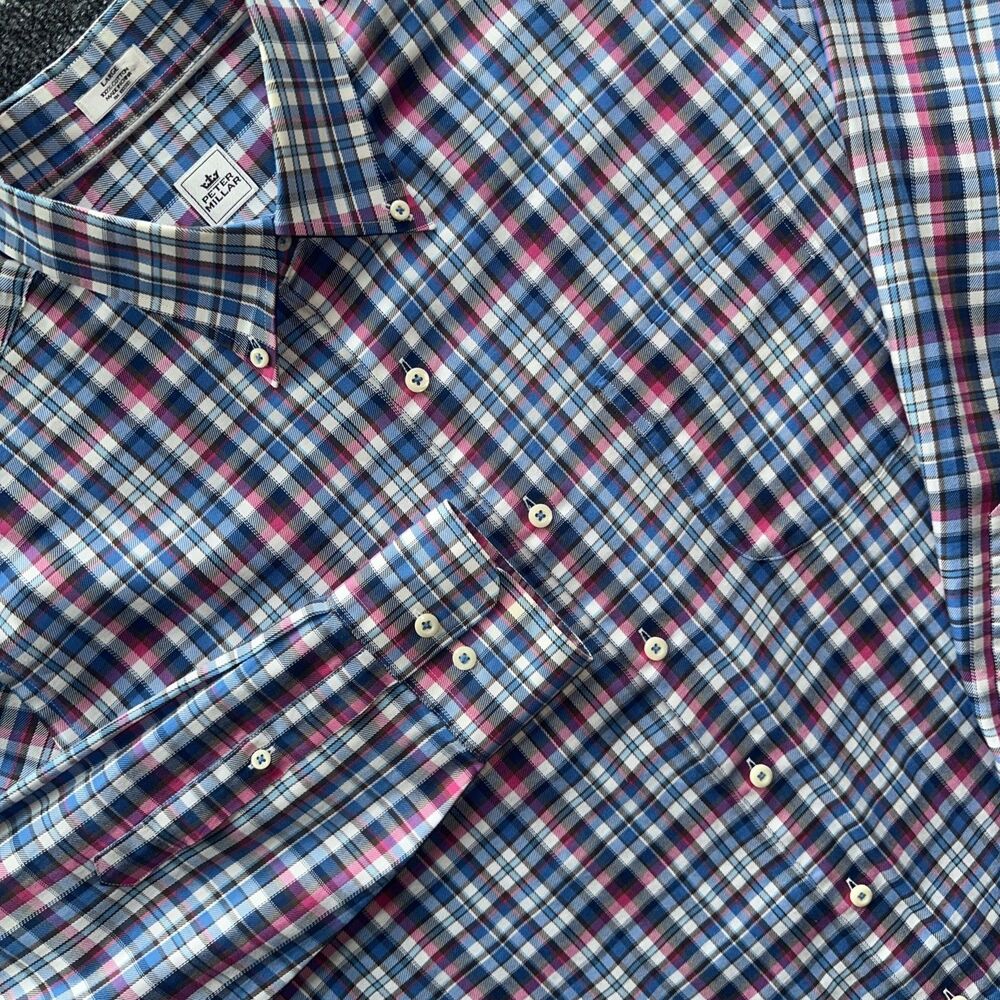 Peter Millar Pink And Blue Plaid Long Sleeve Button Up Shirt Size Large L